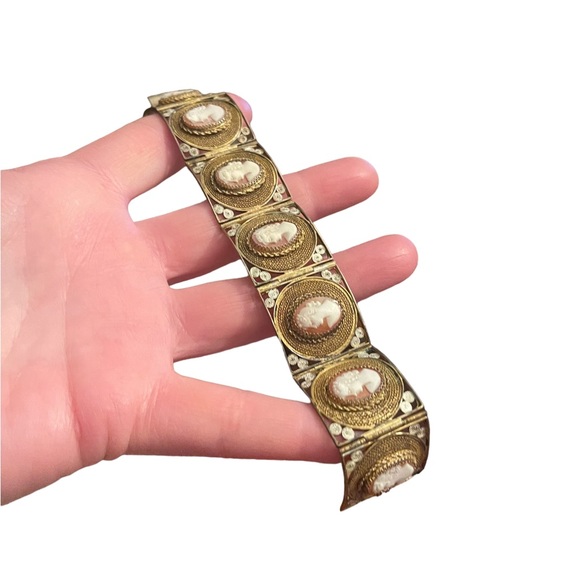 Vintage 800 Italy Gold wash Fancy filagree shell cameo bracelet chunky bangle - Picture 4 of 15